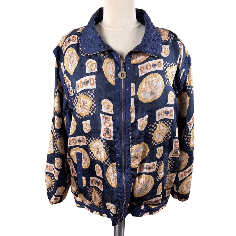 Mureli Jacket Women Large Silk Graphic Polo Club‎ Quilted Collar Lined Full Zip
